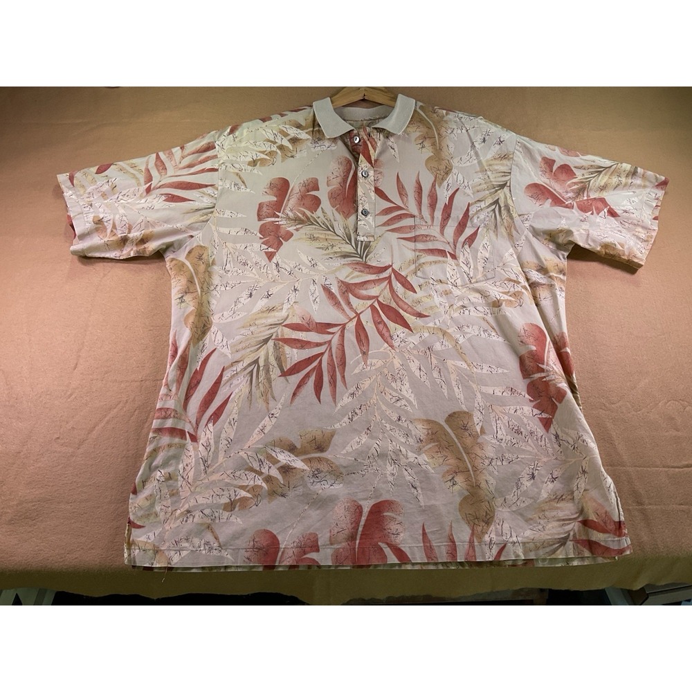 VINTAGE Tori Richard Shirt  Cotton Hawaiian Print Polo Mens XL Tan 100 Cotton